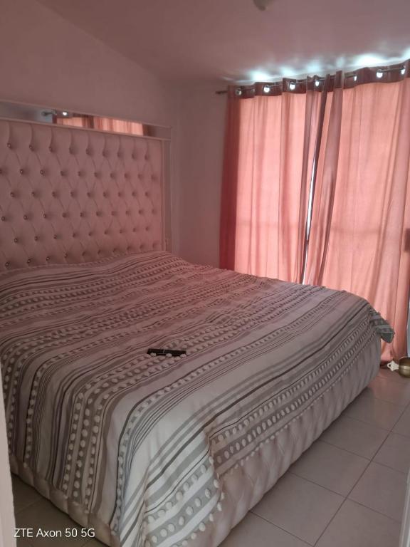 a large bed in a bedroom with pink curtains at Casa Elisa in Córdoba