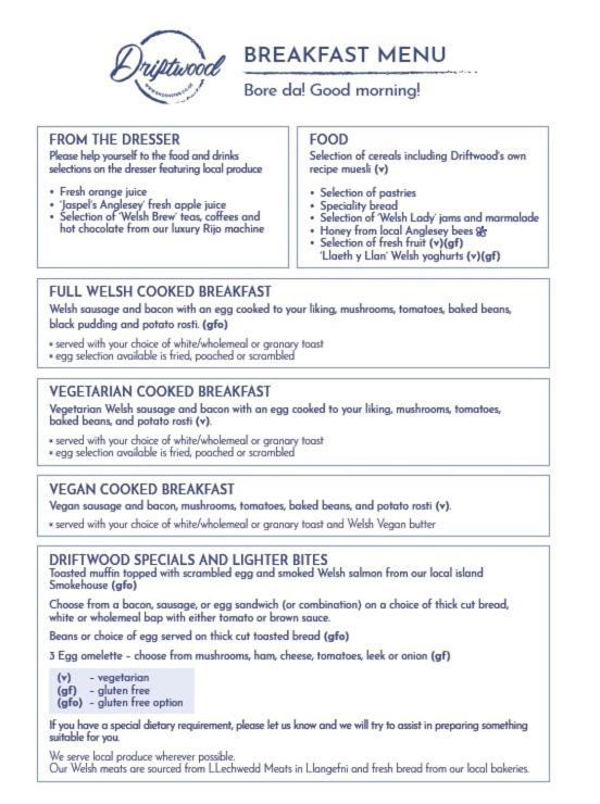 a screenshot of a recipe for a breakfast menu at Driftwood Boutique Guest House in Rhosneigr