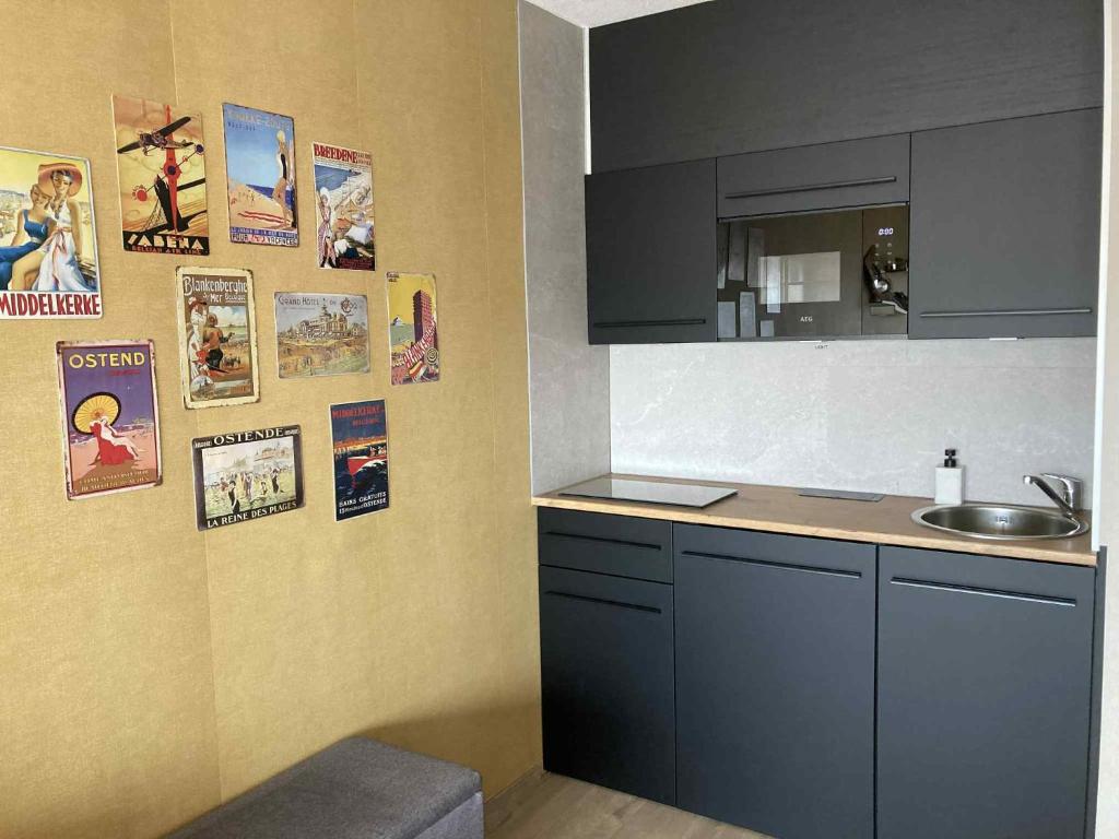 a kitchen with a sink and some pictures on the wall at Studio West-Ende in Middelkerke
