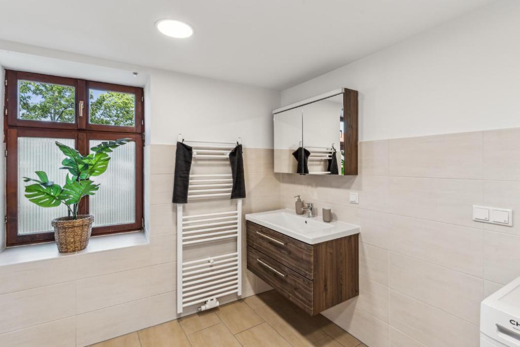 ein Badezimmer mit Waschbecken und Spiegel in der Unterkunft KERA STAY - Apartments Merseburg in Merseburg