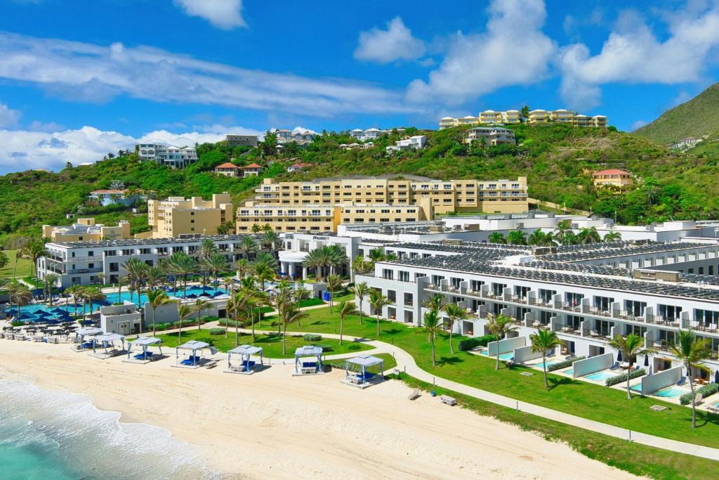 an aerial view of the resort and the beach at JW Marriott St Maarten Beach Resort & Spa in Dawn Beach
