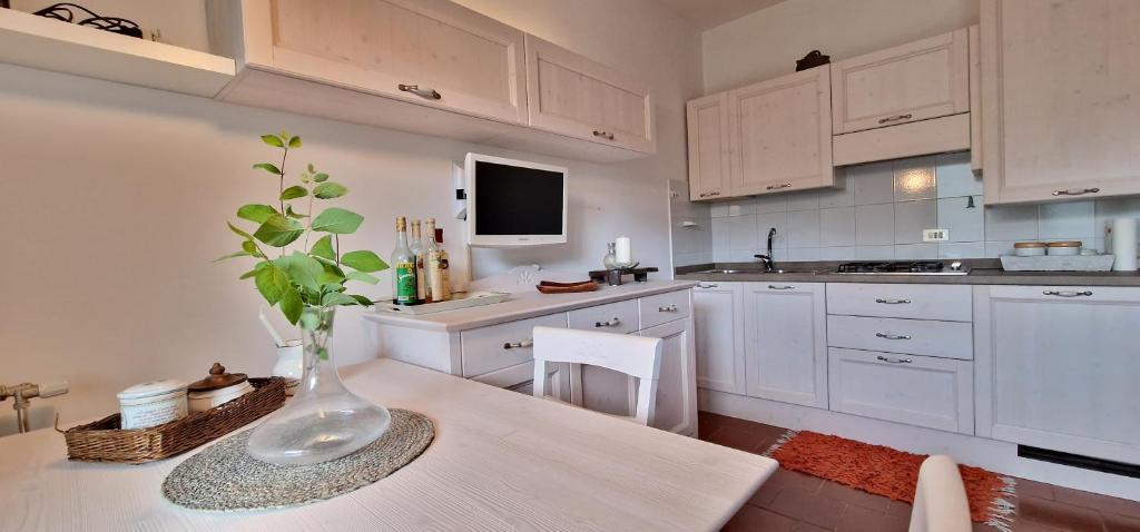 a kitchen with white cabinets and a vase on a table at Nido IN montagna in Tarvisio