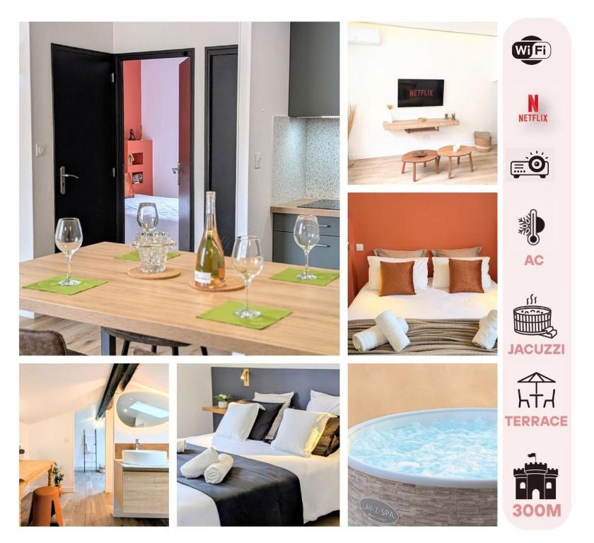 un collage de photos d'une pièce avec une table et des verres à vin dans l'établissement 151 - Terrasse & Jacuzzi, Rue Trivalle, Pied de la cité de Carcassonne - Climatisation, Netflix, Fibre, à Carcassonne