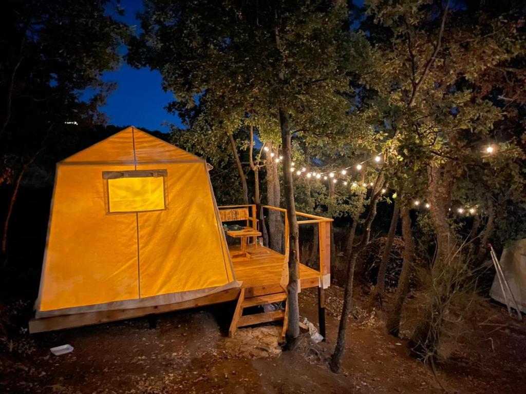 una tenda con una sedia in una foresta di notte di Teffeha tent for 2 