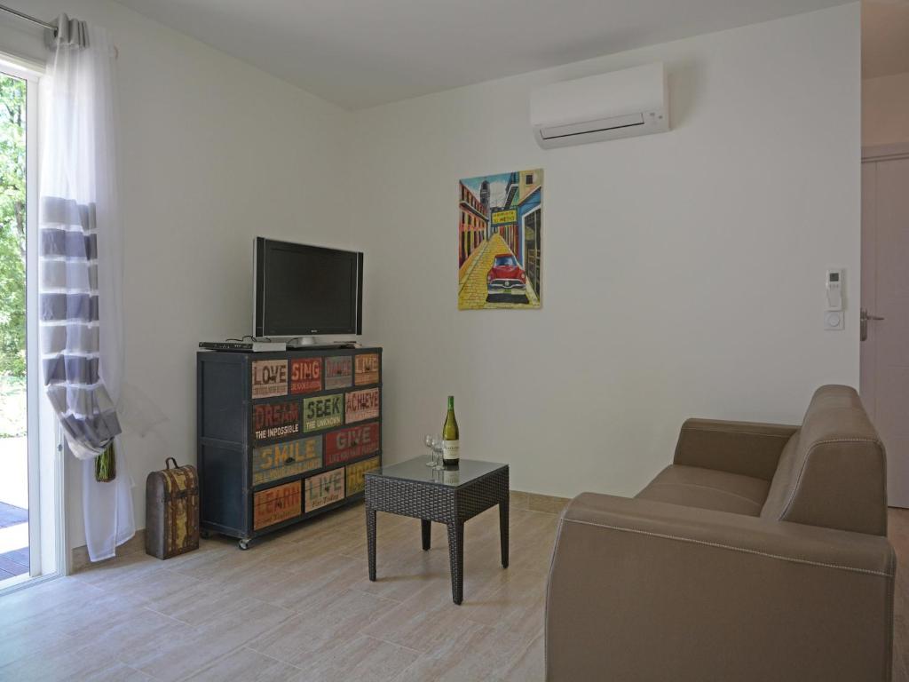 un salon avec un canapé et une télévision dans l'établissement Villa in Montauroux with Pool & Near Forest, cleaning included, à Montauroux