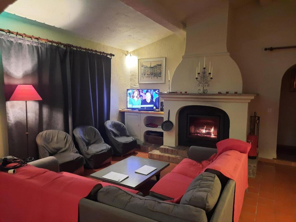 un salon avec un canapé et une cheminée dans l'établissement Villa in Salernes with Private Pool & Garden, cleaning included, à Salernes