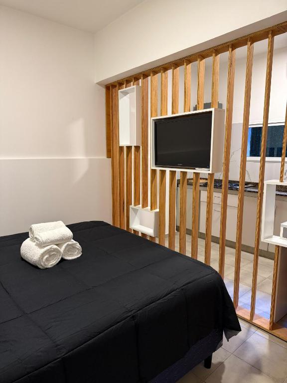 a bedroom with a bed and a flat screen tv at Monoambiente Guemes PB para 2 personas in San Fernando del Valle de Catamarca