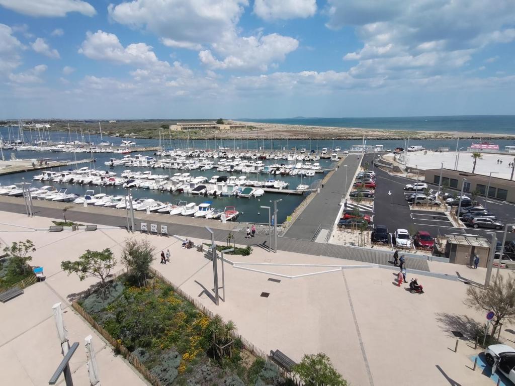 - une vue aérienne sur un port de plaisance avec des bateaux dans l'établissement Appartement spacieux 6 pers, centre ville Valras-Plage, à 10m de la plage - FR-1-781-67, à Valras-Plage