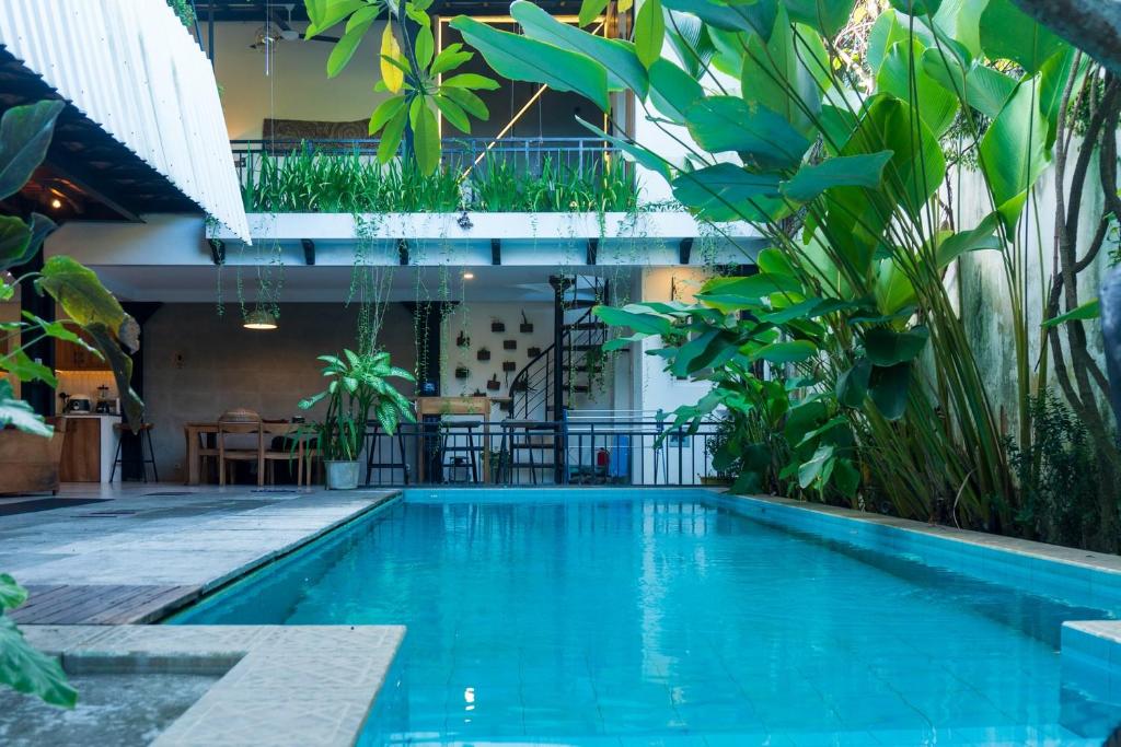 a swimming pool in a building with plants at Villa Amalura in Yogyakarta