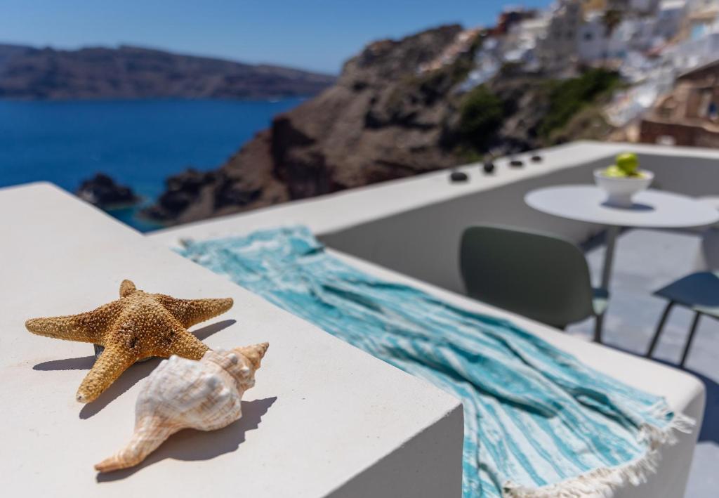 a starfish and a shell sitting on a table at Kyrkos Collection in Fira