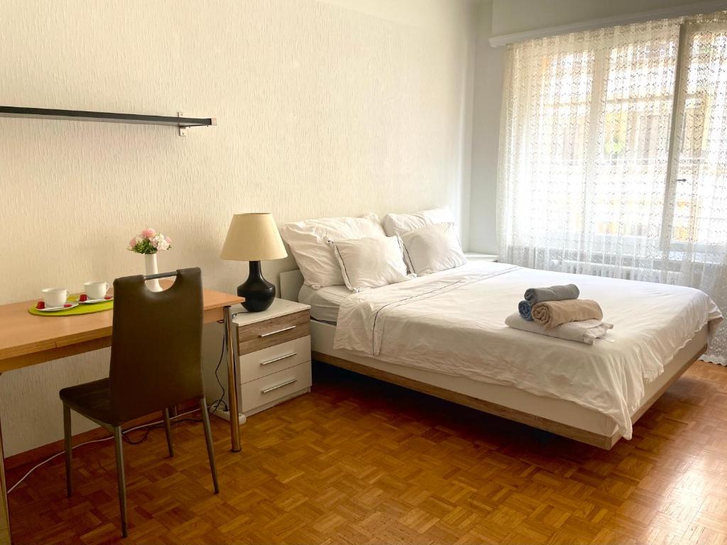 a bedroom with a bed and a desk and a chair at 300m from the train station in Lausanne
