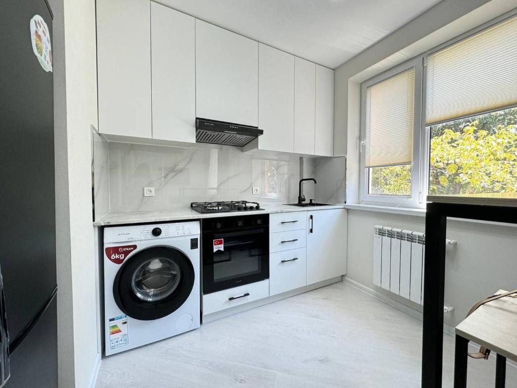 cocina con lavadora y fogones en Квартира Новомоссковская, en Salor Bekati