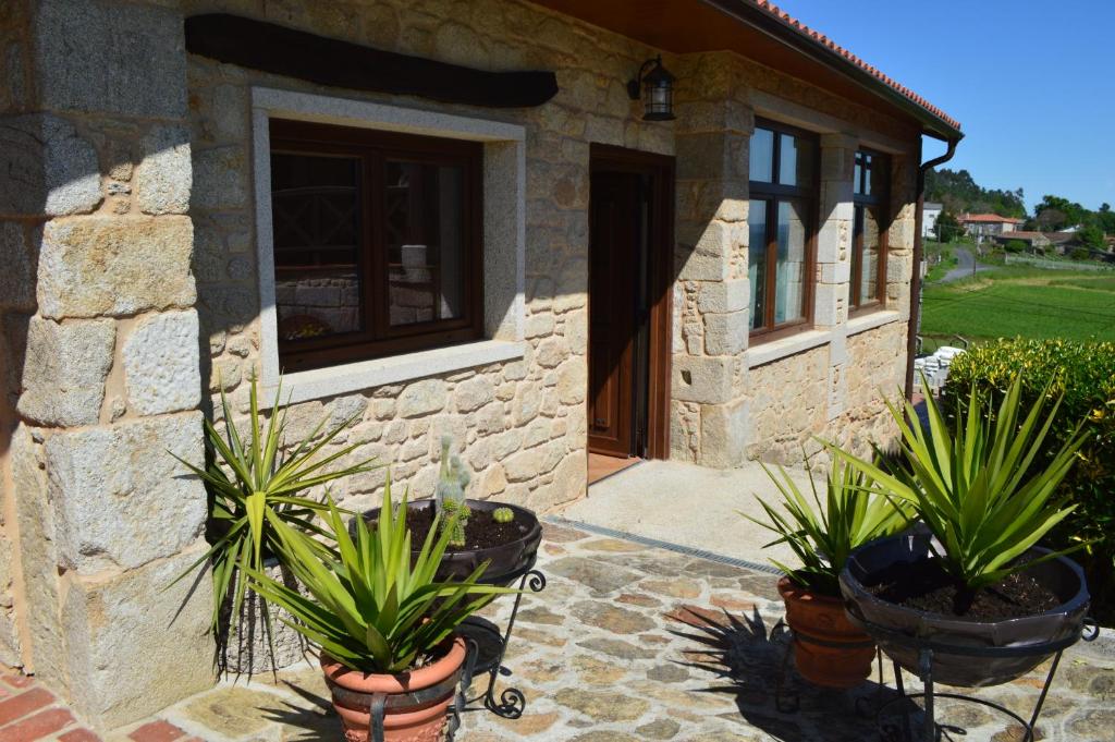 a stone house with potted plants in front of it at Casa Labrega da Torre in Silleda