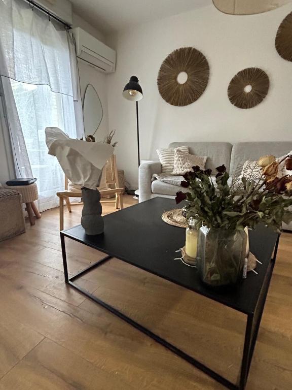 un salon avec une table basse et un canapé dans l'établissement Le Vinci F2 cosy et jardin, à Lattes