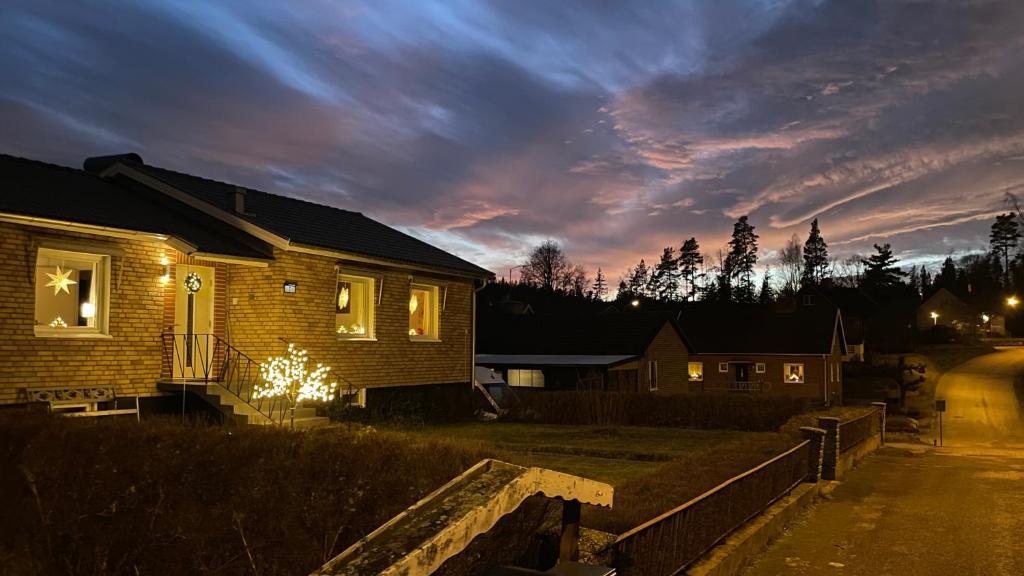 une maison avec un sapin de Noël devant dans l'établissement Villa MICHEL PremiumFerienhaus inkl Bettwäsche Handtücher, à Lönneberga