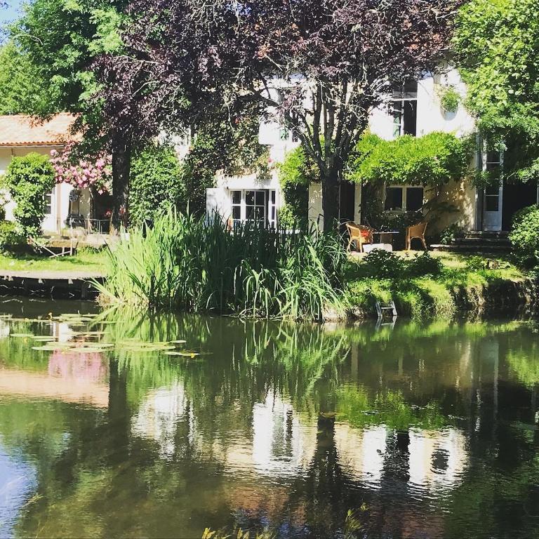 une maison avec un étang en face de celle-ci dans l'établissement Détente assurée au moulin de papalis, à Ribérac