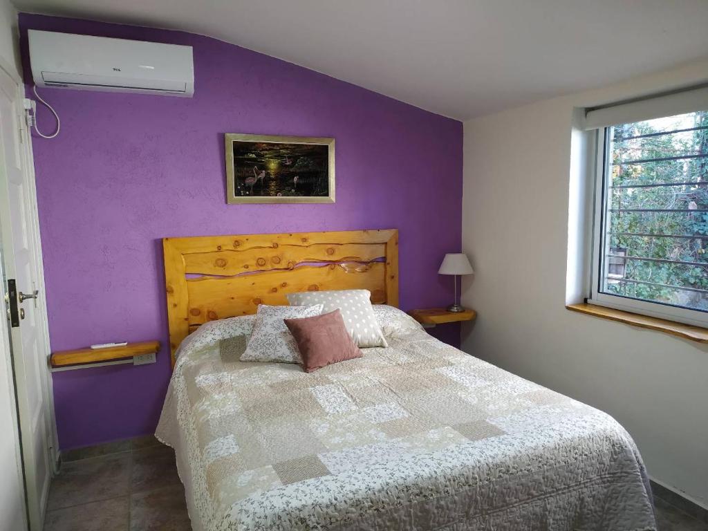 ein Schlafzimmer mit einem Bett mit einer lila Wand in der Unterkunft RINCÓN SERENO... Un lugar para disfrutar.... in Villa General Belgrano