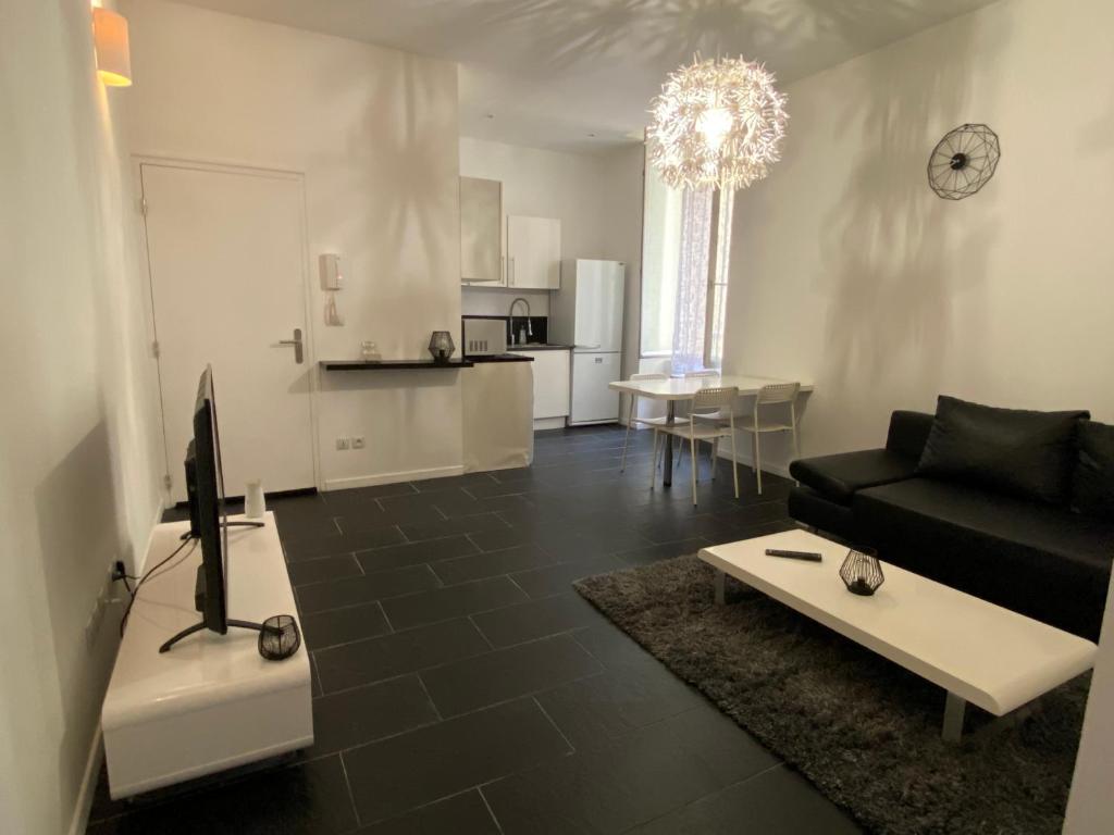 un salon avec un canapé noir et une table dans l'établissement Appartement centre ville Orange, à Orange