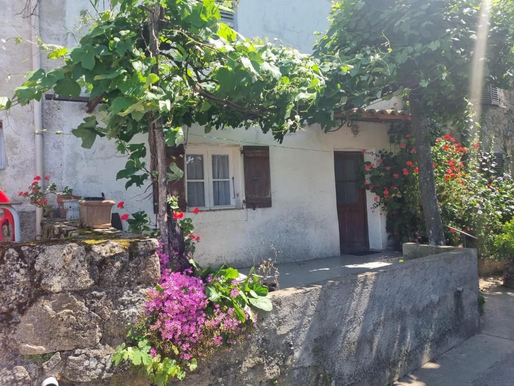a small house with flowers in front of it at maison de village in Carbuccia