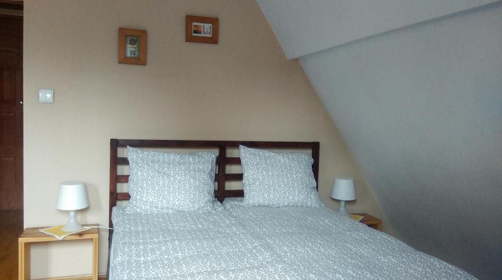 ポズナンにあるApartamenty Stary Rynek Żydowskaのベッドルーム1室(青と白の枕が備わるベッド1台付)