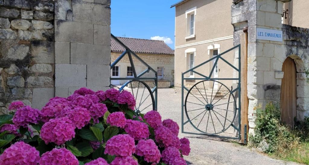 une porte avec des fleurs violettes devant un bâtiment dans l'établissement Domaine Les Chauveaux, 3 gites, 26 personnes, 1 salle, à Antran