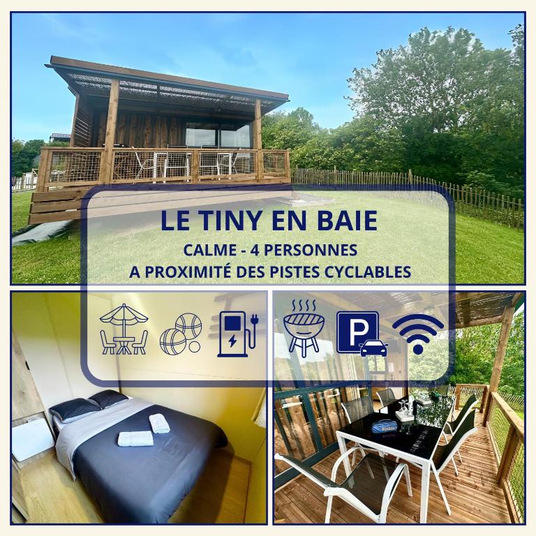 un collage de trois photos d'une minuscule cabine em dans l'établissement Le Tiny en Baie - WIFI - Exceptionnel, à Mons-Boubert