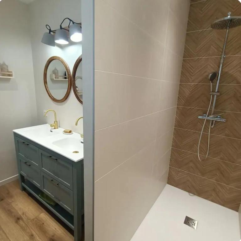 une salle de bain avec un lavabo et une douche dans l'établissement Chambre cosy avec salle de bain privative, au Mans