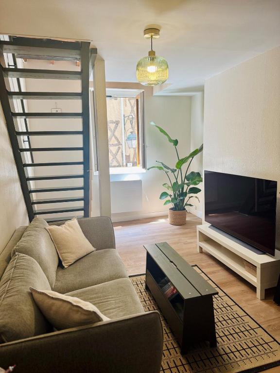 un salon avec un canapé et une télévision à écran plat dans l'établissement Élégant duplex dans le centre historique, à Limoges