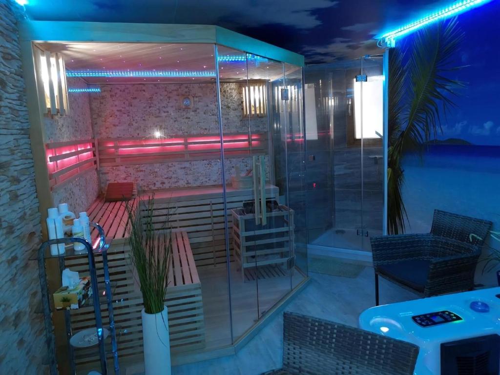a room with a shower and benches and lights at Ferienwohnung Maaridyll In Schalkenmehren in Schalkenmehren