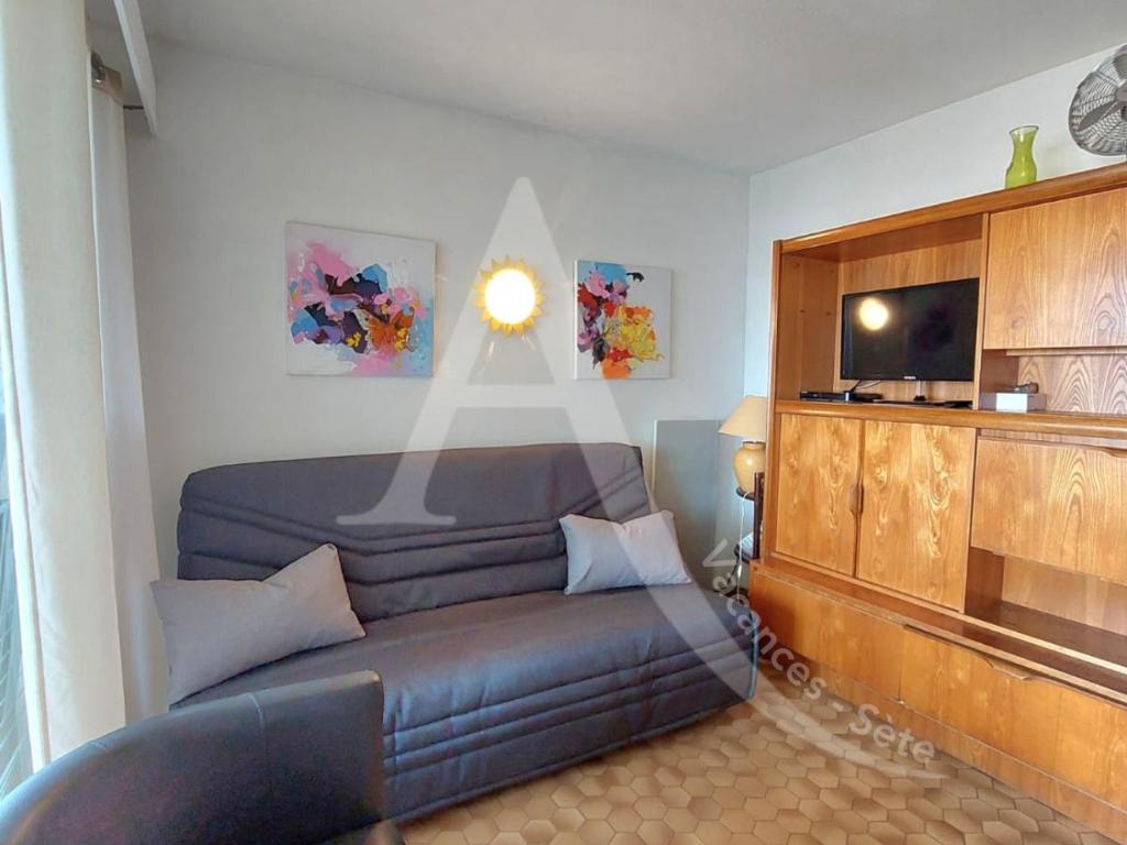 un salon avec un canapé et une télévision dans l'établissement studio bord de mer avec parking, à Sète