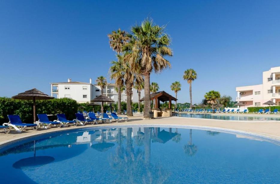 TAC - Serene Shores - Portimão في Vau: مسبح فيه كراسي و مظلات و نخيل