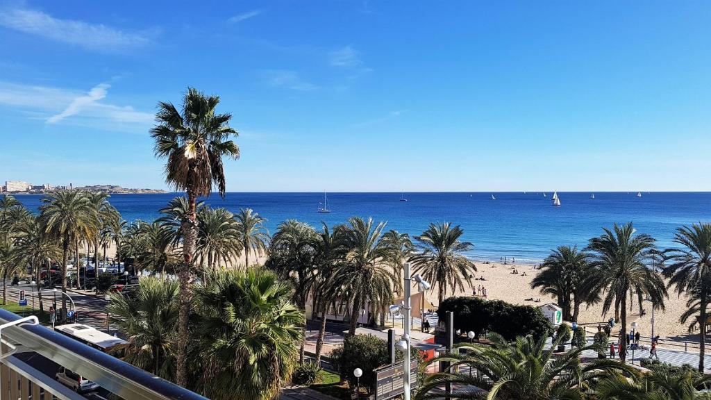 a view of a beach with palm trees and the ocean at Port-Beach Alicante 1 in Alicante
