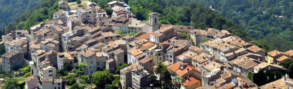 une vue aérienne sur un village avec des maisons et des toits dans l'établissement Appartement 5 personnes village provençal du haut var claviers, à Claviers