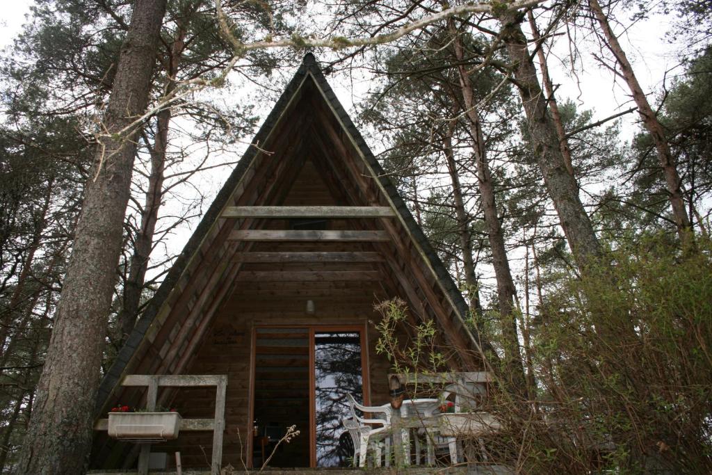 a cabin with a triangular roof in the woods at La Ptite Ferme de Caro in Meyrignac-lʼÉglise