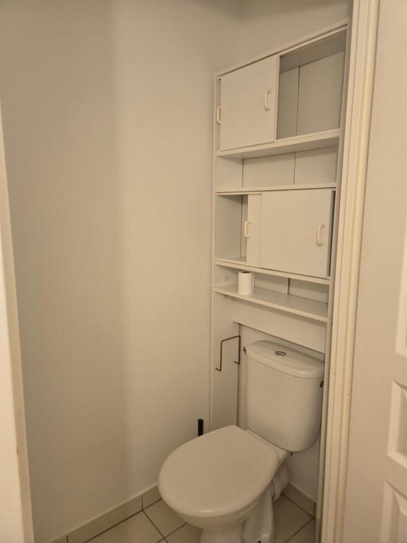 Elle comprend une petite salle de bains pourvue de toilettes et d'étagères. dans l'établissement Terracotta, à Lyon