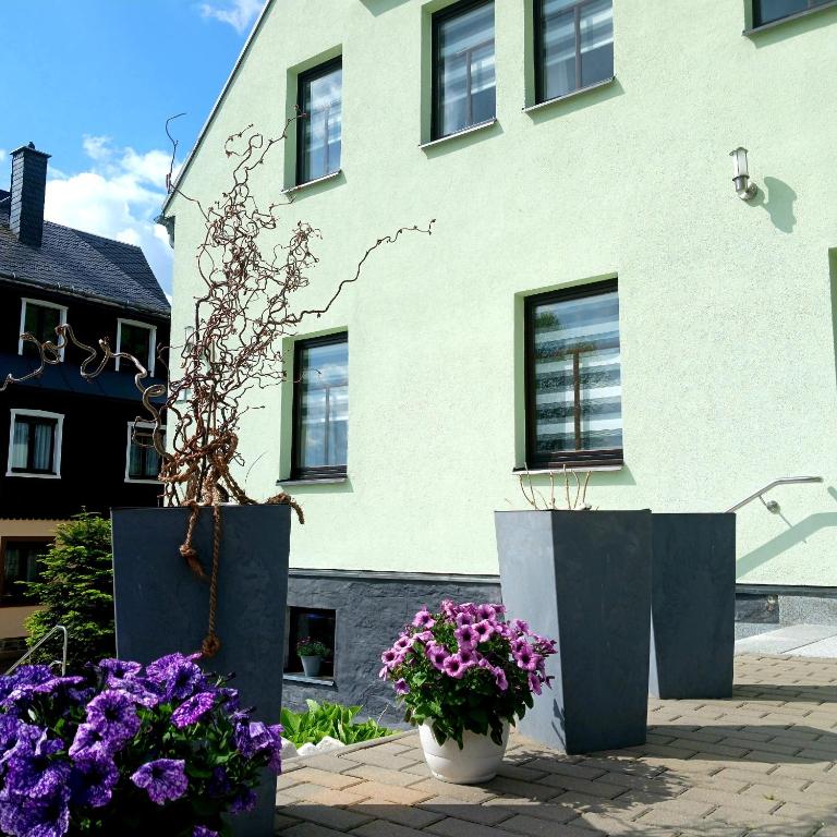 a white building with purple flowers in front of it at Apartments - Lehmanns Ferienwohnungen in Kurort Oberwiesenthal
