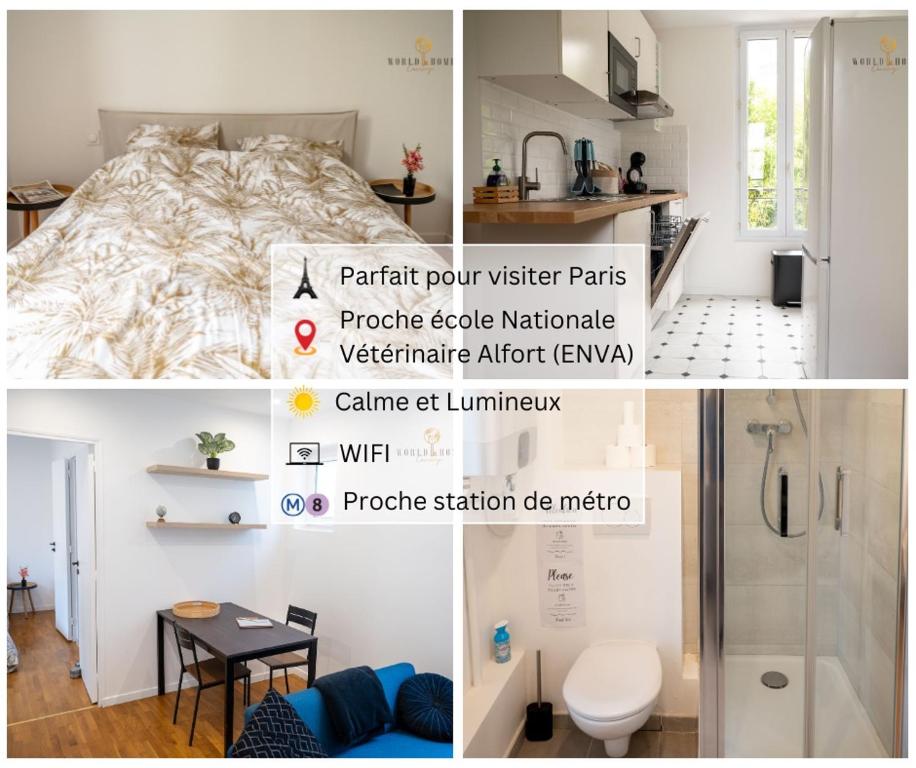 un collage de quatre photos d'une chambre dans l'établissement Le Henri - Cozy metro 5 min à pied du métro, Paris direct, à Maisons-Alfort