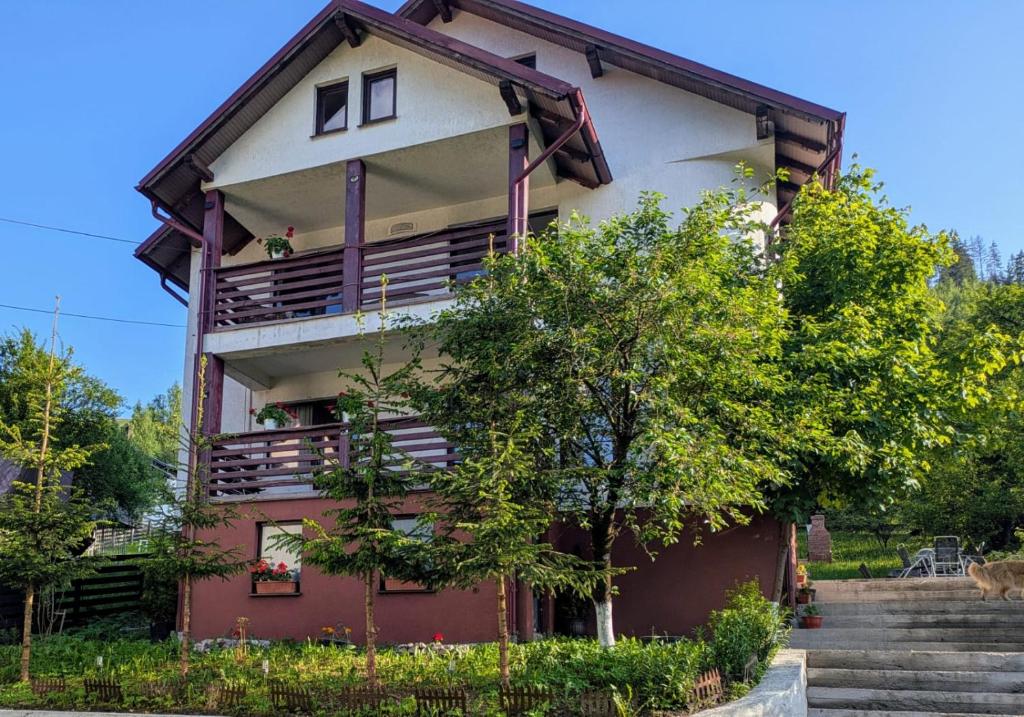 ein Gebäude mit Treppen zum Gebäude in der Unterkunft Vila CETINA in Fundu Moldovei