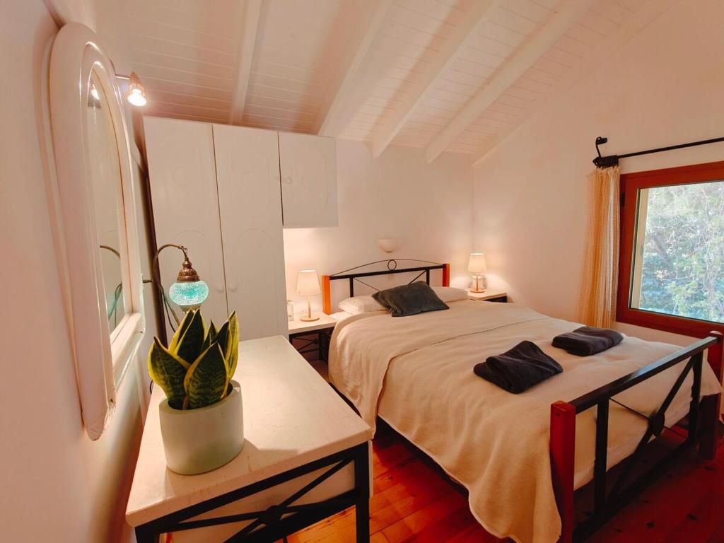 a bedroom with two beds and a plant on a table at Kalives pearl suite in Kalyves