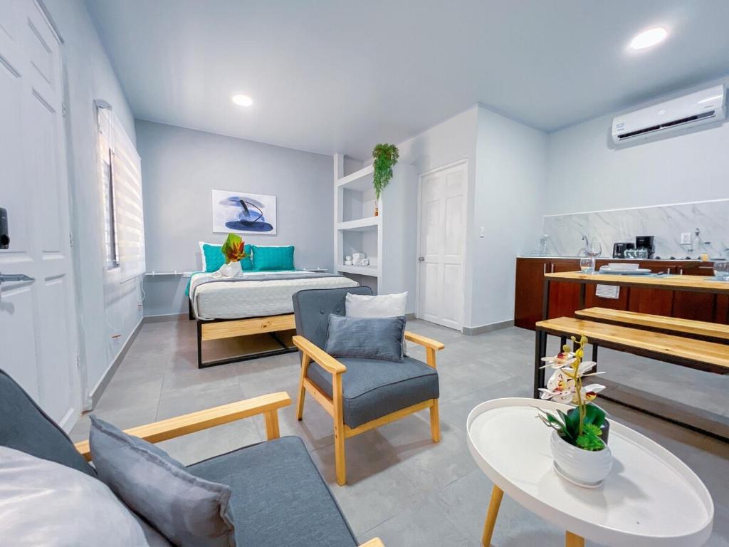 ein Zimmer mit einem Bett, einer Couch und einem Tisch in der Unterkunft Forest apartments studio F1, walking to the beach in Jacó