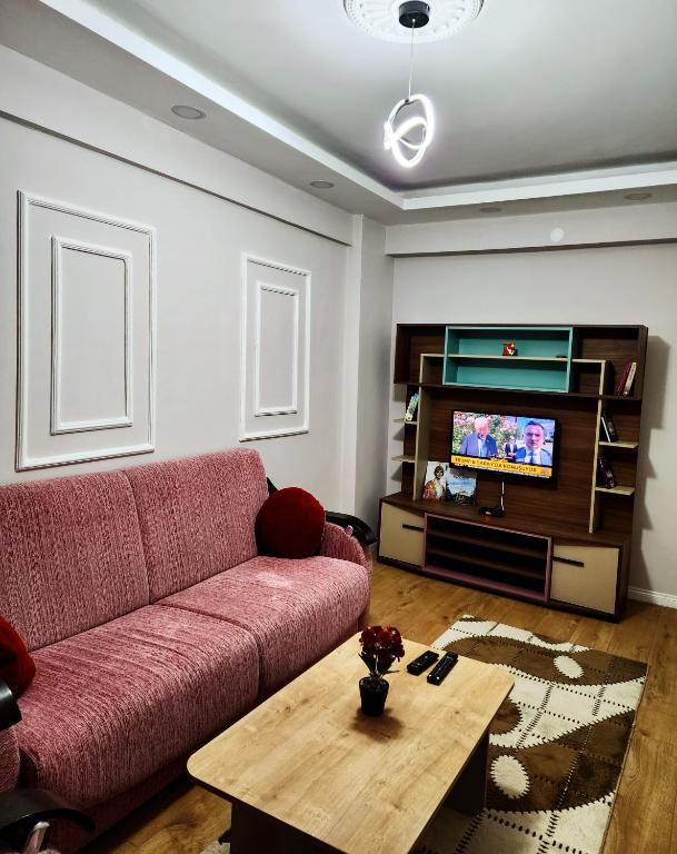 a living room with a red couch and a tv at Q Apart Daire 6 in Eskisehir
