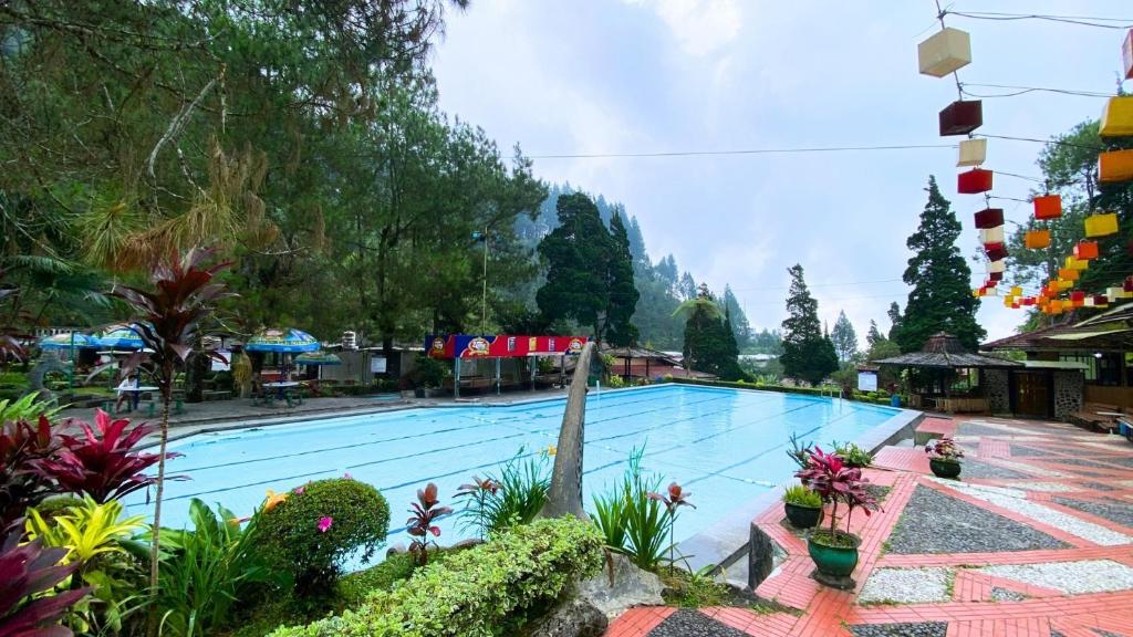 een groot zwembad met planten en bloemen bij Guci Heritage Hotel in Tuwel