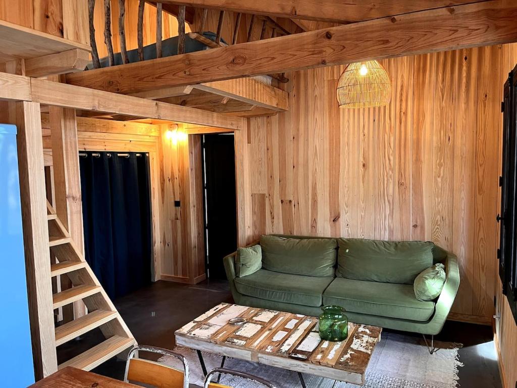 - un salon avec un canapé vert et une échelle dans l'établissement La cabane de lesquirey, à La Celle-sous-Gouzon