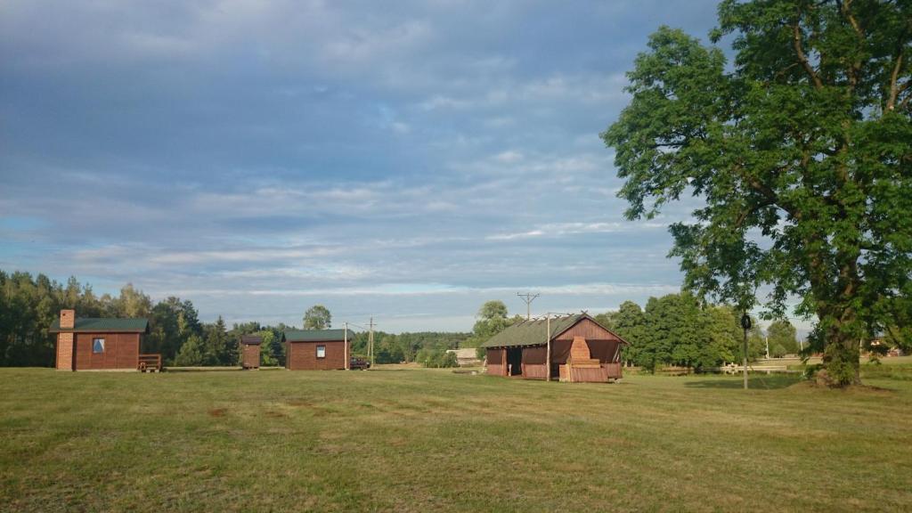 a field with two barns and a tree at Domek Wieloosobowy - Agroturystyka in Przetycz