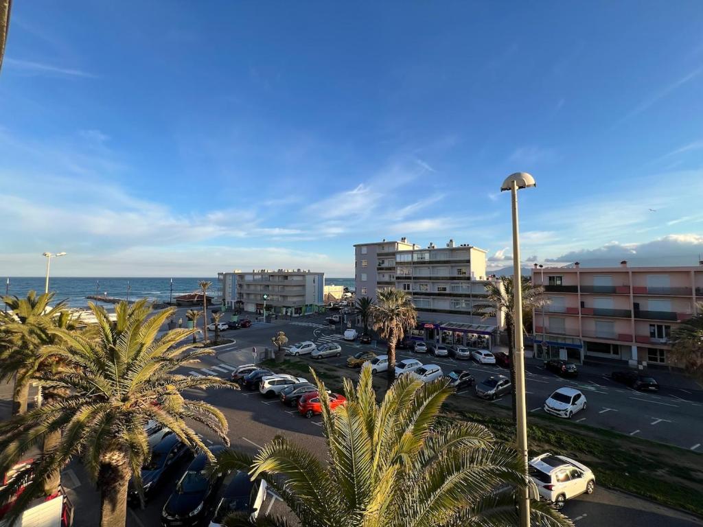 - un parking avec des palmiers et l'océan dans l'établissement Studio vue mer avec loggia et parking, à Saint Cyprien Plage