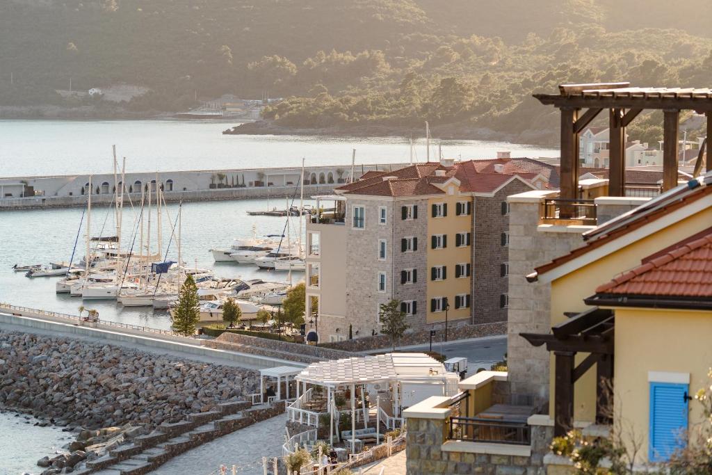 a view of a harbor with boats in the water at The Chedi Luštica Bay in Tivat