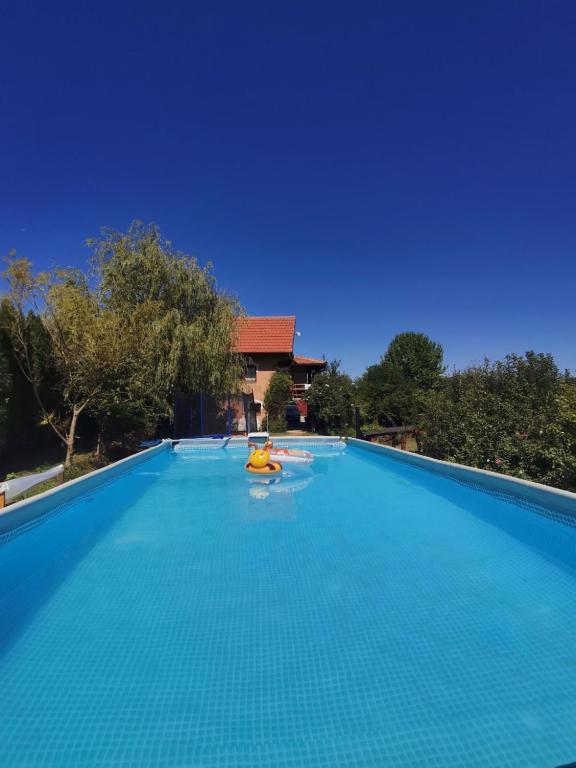a large blue swimming pool with a house at Green Idylle -Pyramid View in Visoko