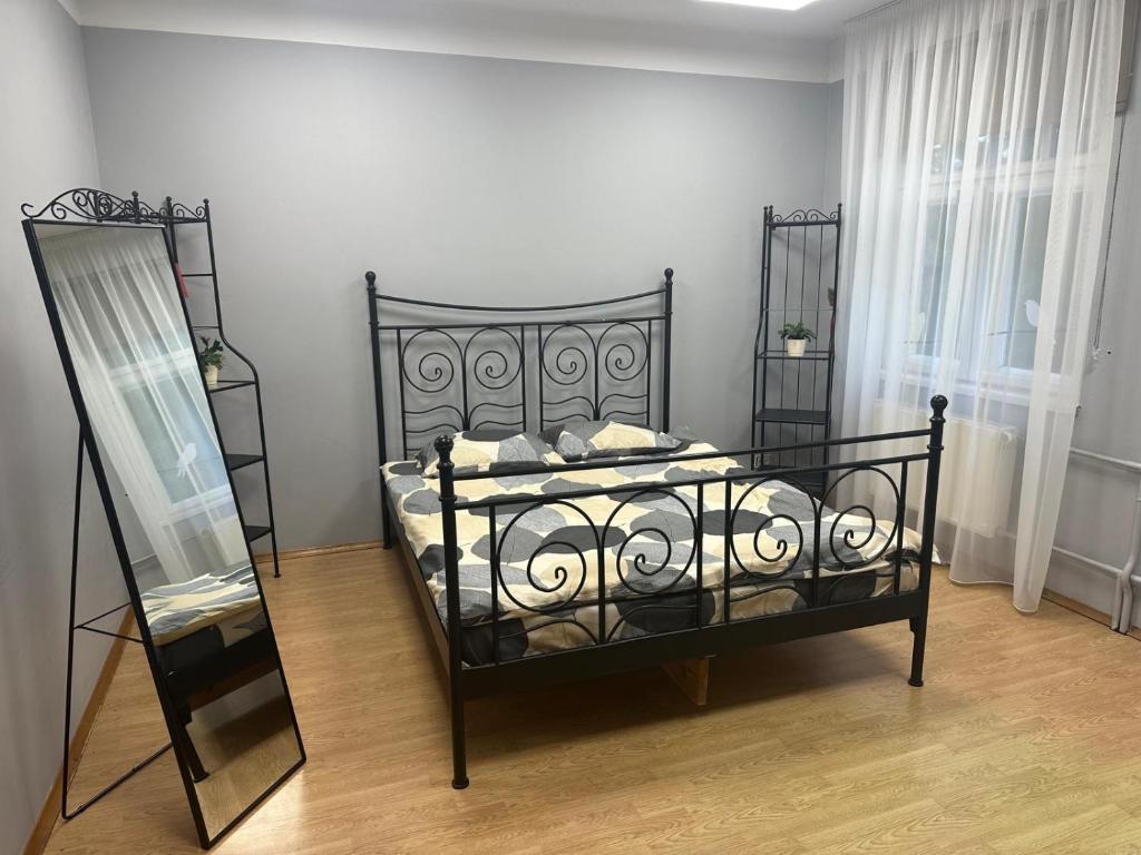 a bedroom with a black bed and a mirror at Baltakmeņu muiža in Mujani