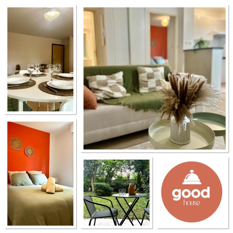 un collage de photos d'un salon et d'une salle à manger dans l'établissement Le petit Apollon - T2 Climatisé, à Toulouse