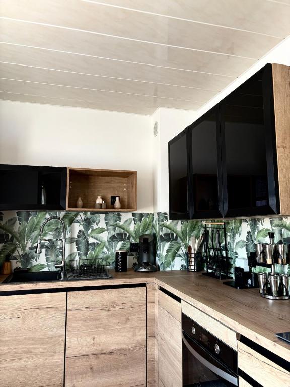 une cuisine avec des armoires en bois et un mur avec des plantes dans l'établissement Appartement T2, à Port-la-Nouvelle
